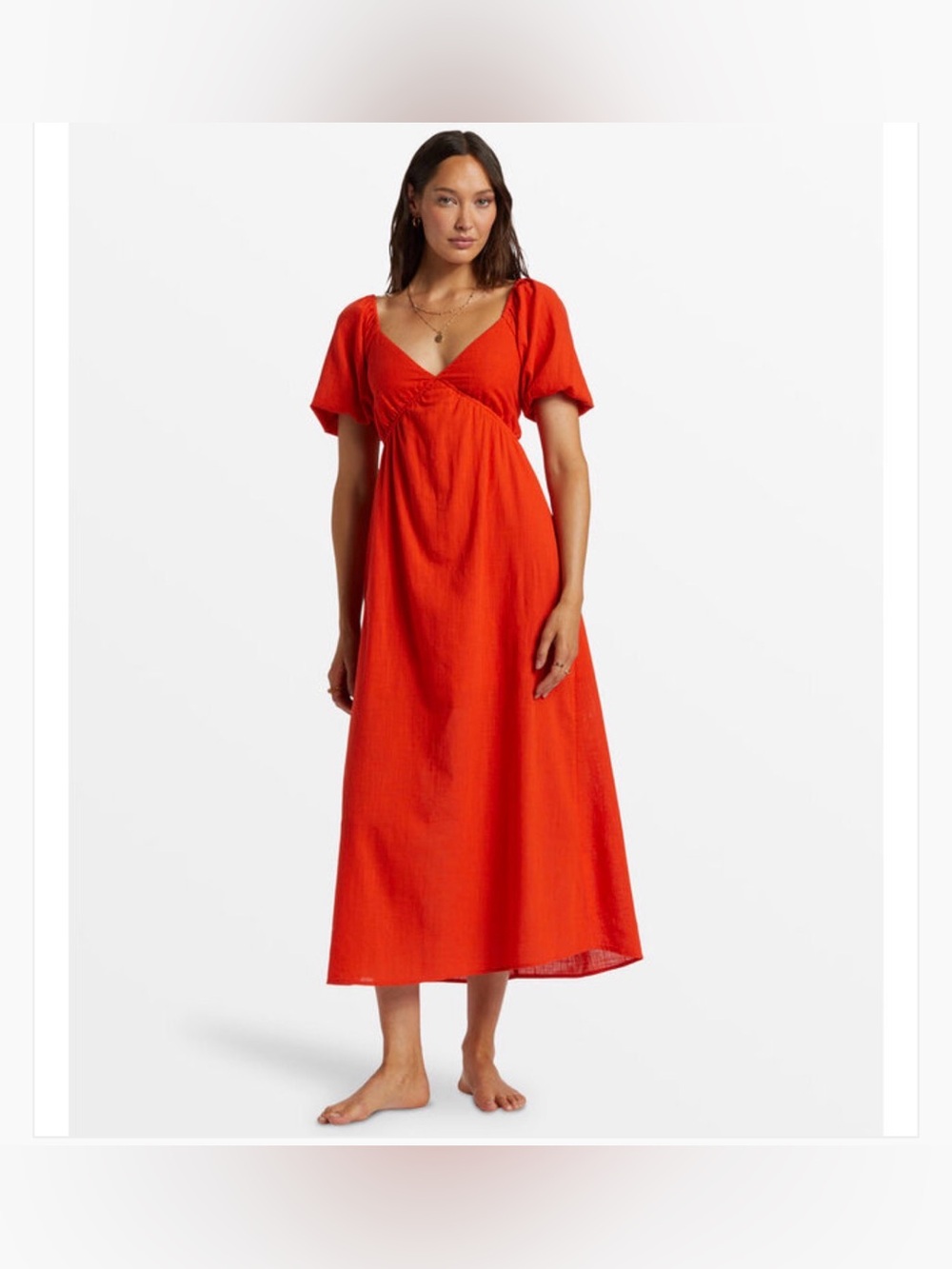 Billabong Love Fade Women's Red Puff-Sleeve V-Neck Maxi Dress in Size Large